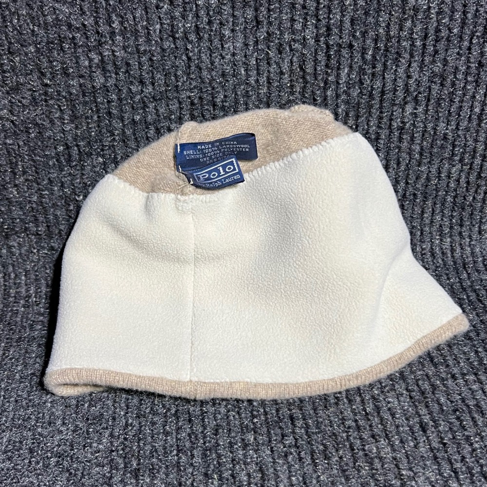 Vintage Polo Ralph Lauren Beanie Unisex OS Tan Lambswool Big Pony Fleece Lined - Picture 7 of 9